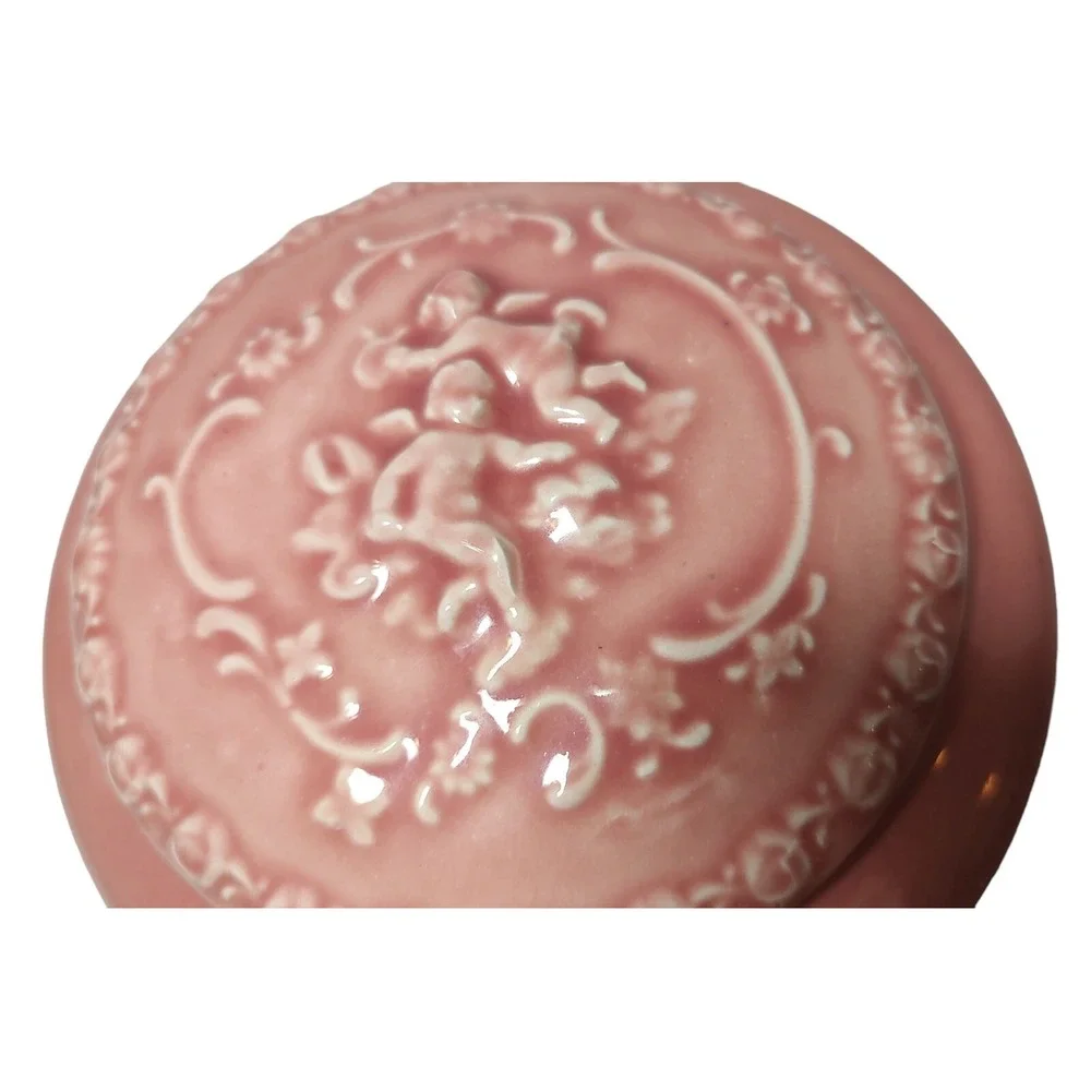 Vintage‎ Handmade Ceramic Powder Trinket Box Pink Angels Round 6.5 Inches SEE
